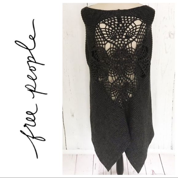 Free People Knit Crochet Shawl Cape Wrap Gray Heather Boho Flower Floral Scarf - Picture 3 of 7